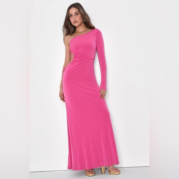 Lulus Sweet Flirt Pink Long Sleeve One-Shoulder Cutout Maxi Size Large Dress - Picture 2 of 7